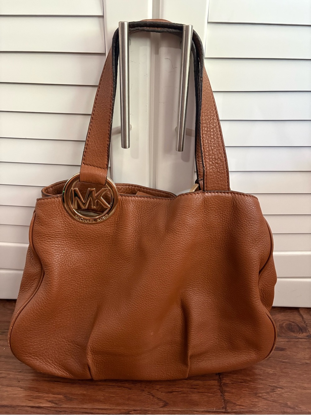 Michael Kors Brown Pebbled Leather Shoulder Bag with Gold MK Charm